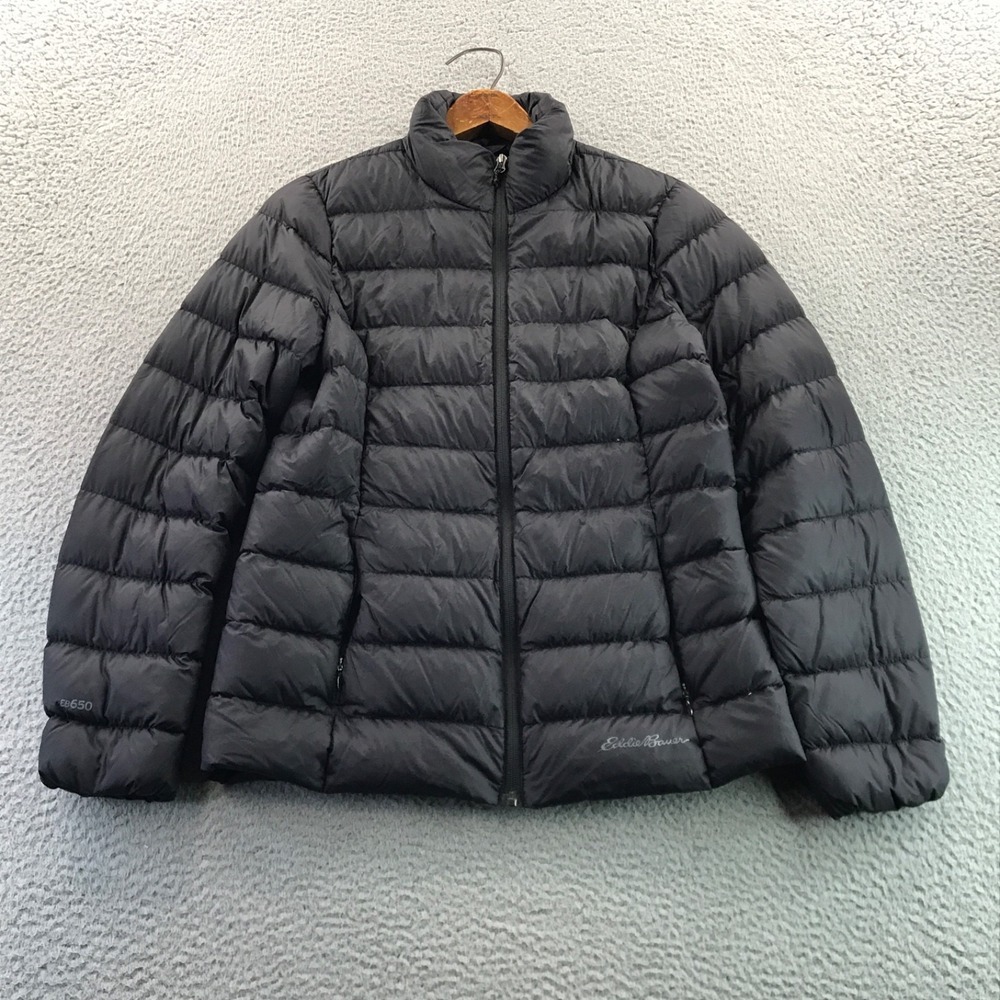 Eddie Bauer Jacket Womens Small Black 650 Down Puffer Lightweight Full Zip Logo